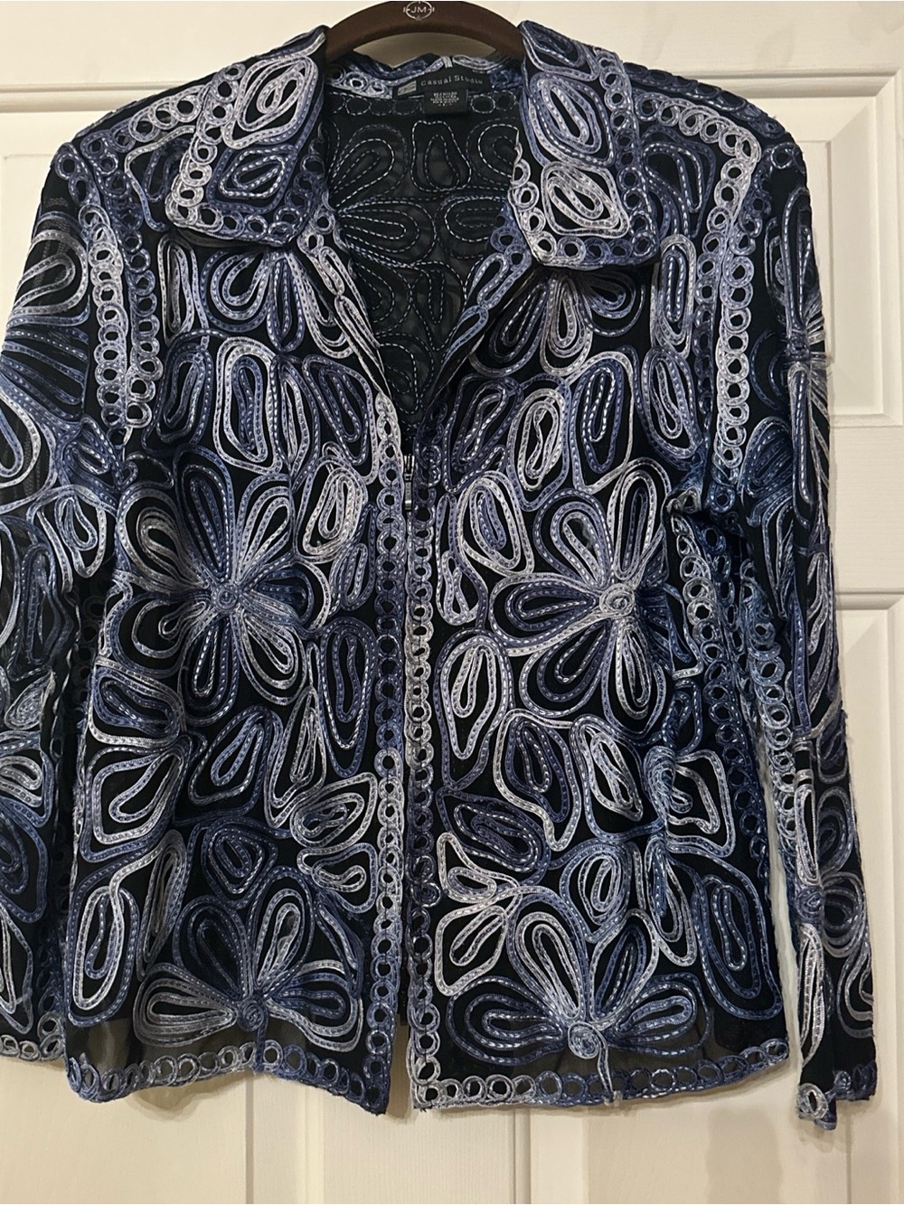 Embroidered Navy Floral Zip-Front Blazer Jacket
